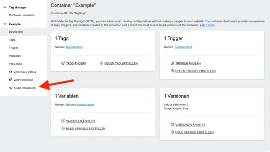 Matomo-Snippet anzeigen: Klicke dazu in der linken Navigation auf »Code installieren«