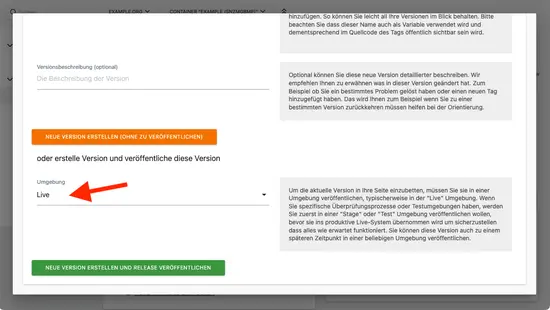 Neuen Version erstellen: Stelle sicher, dass die Umgebung auf »Live« steht
