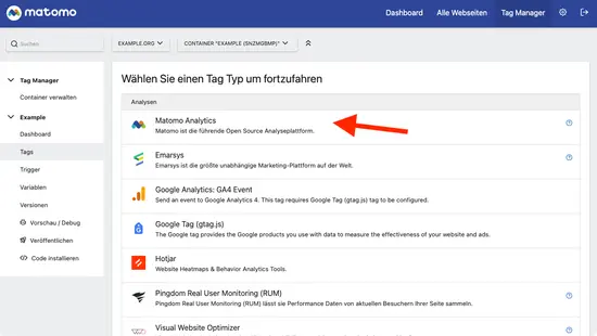 Neuen Tag anlegen: Klicke auf »Matomo Analytics«